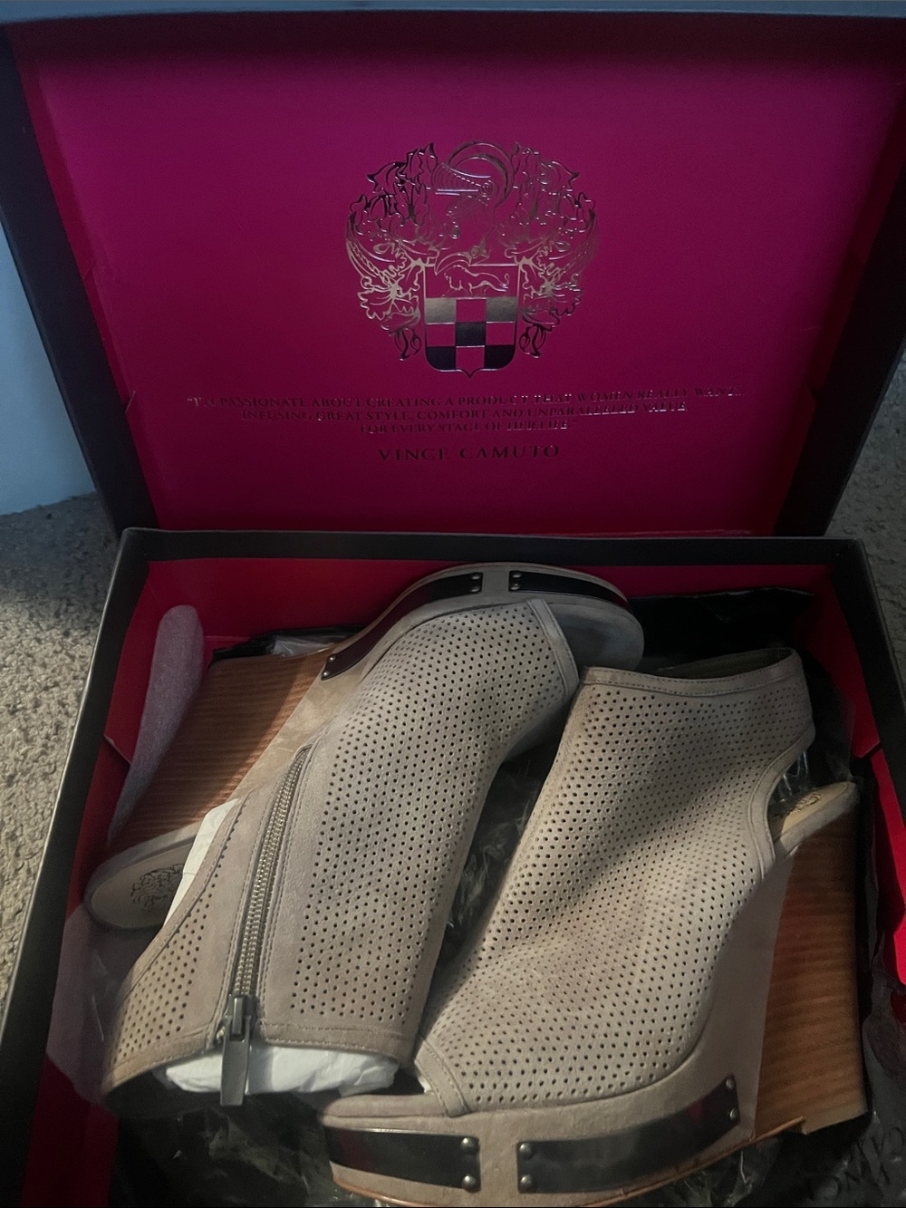 Vince Camuto Taupe Perforated Peep-Toe Wedge Booties